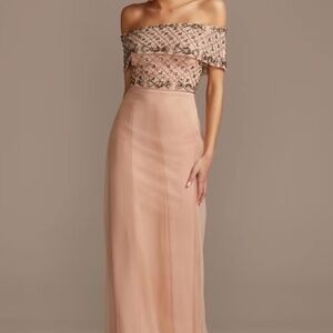Size 14 Blush Jewel Bead Off Shoulder Shirred Layer Chiffon Formal MOB Dress